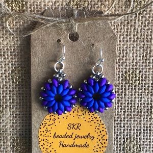 Blue, purple and silver circular flower earrings